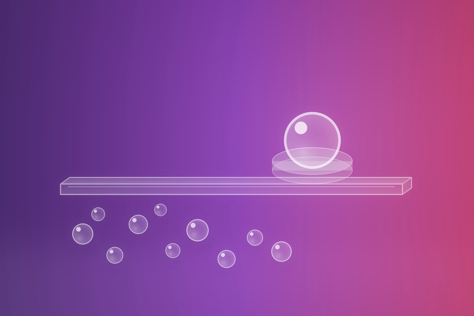 A long low frosted glass curb runs across a violet to magenta gradient. On its far side one large milky white glass sphere rests in a shallow translucent cradle, alone. On the near side ten much smaller glass spheres of varying sizes lie scattered loose across the bare floor with nothing containing them.