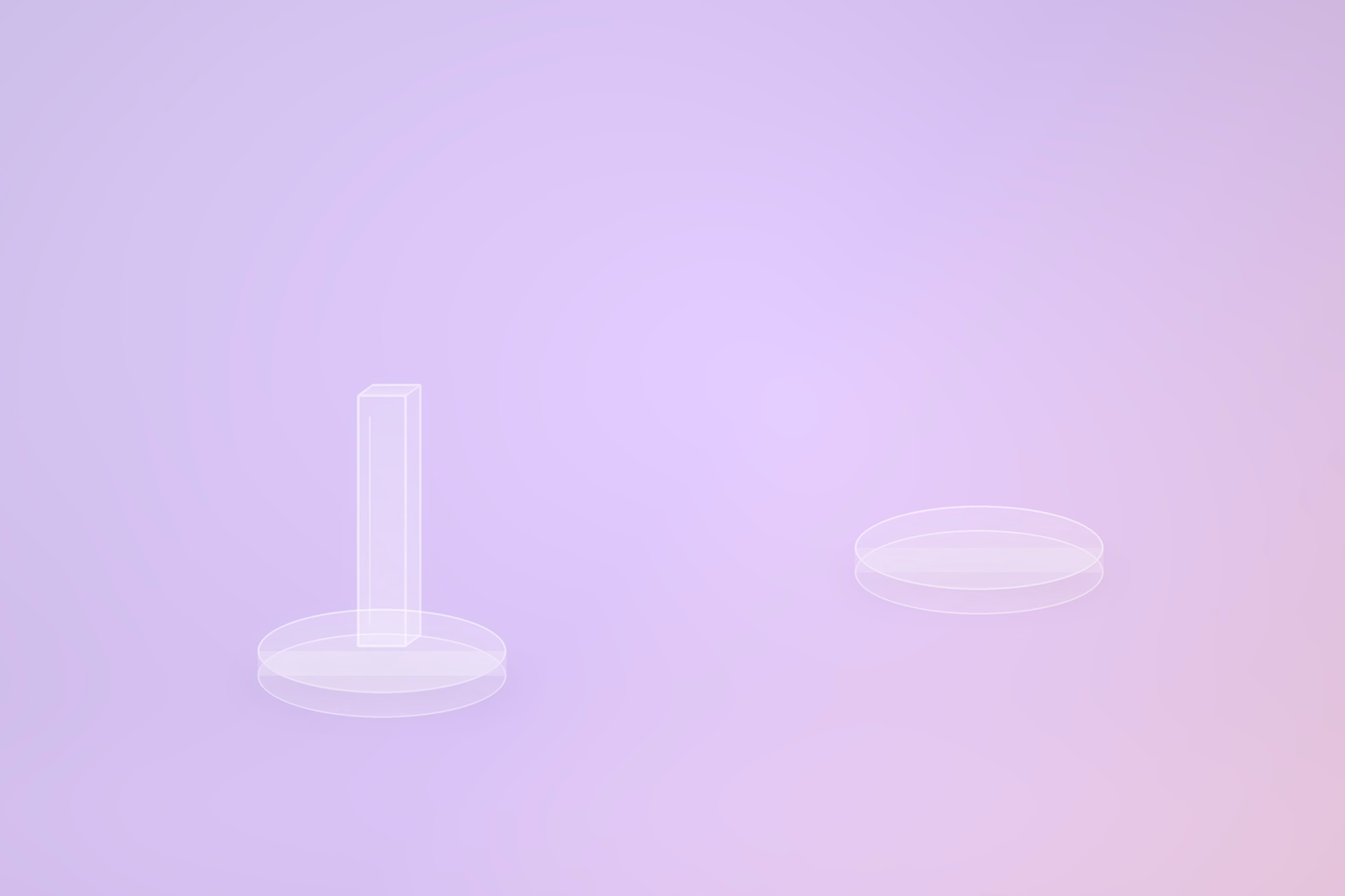 One narrow upright frosted glass pillar stands in a shallow translucent dish on the left of a pale violet floor, and a second dish of the same shape sits empty further right and deeper into the frame, with nothing between them.