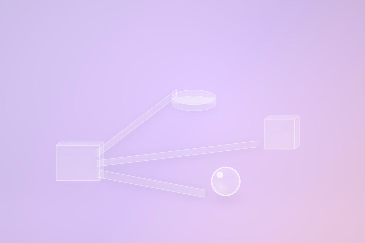 A frosted glass block on a pale violet floor with three thin translucent planks leaving it from three different points on its face, each at a different angle and length, ending at three unlike shapes: a flat glass disc, an upright glass cube and a glass sphere.