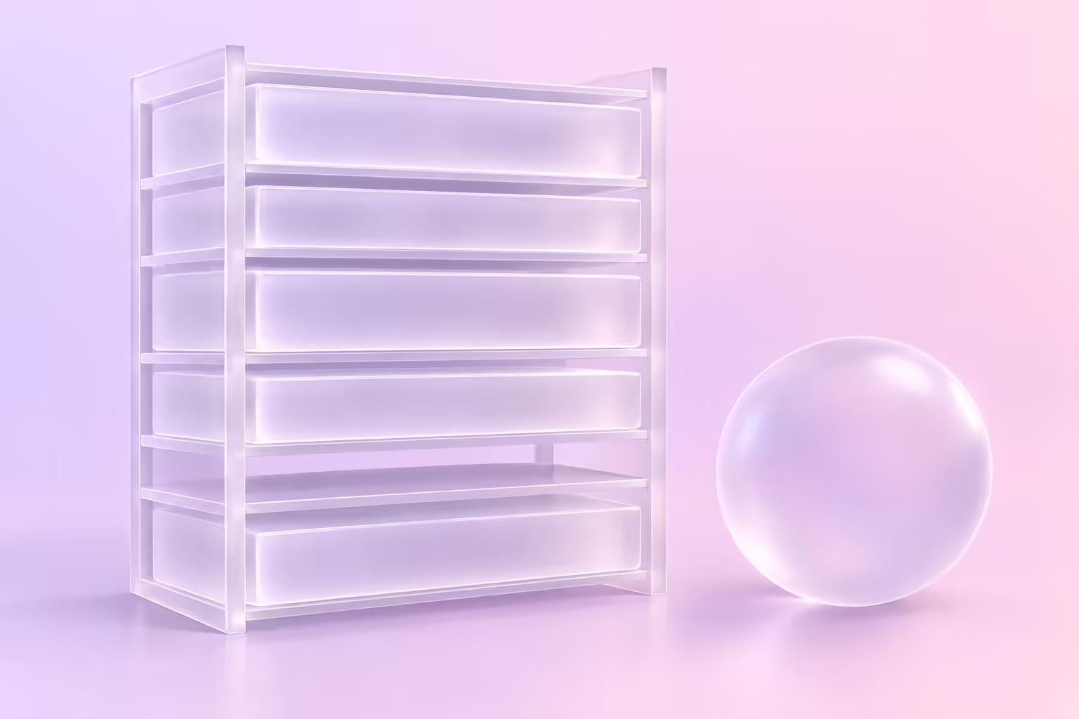 Frosted white glass illustration on a pale lilac to blush gradient: an upright glass rack of six horizontal slots, five filled flush with thick glass slabs and one narrow slot left empty, beside a large glass sphere on the floor that is visibly too big to fit the empty slot.