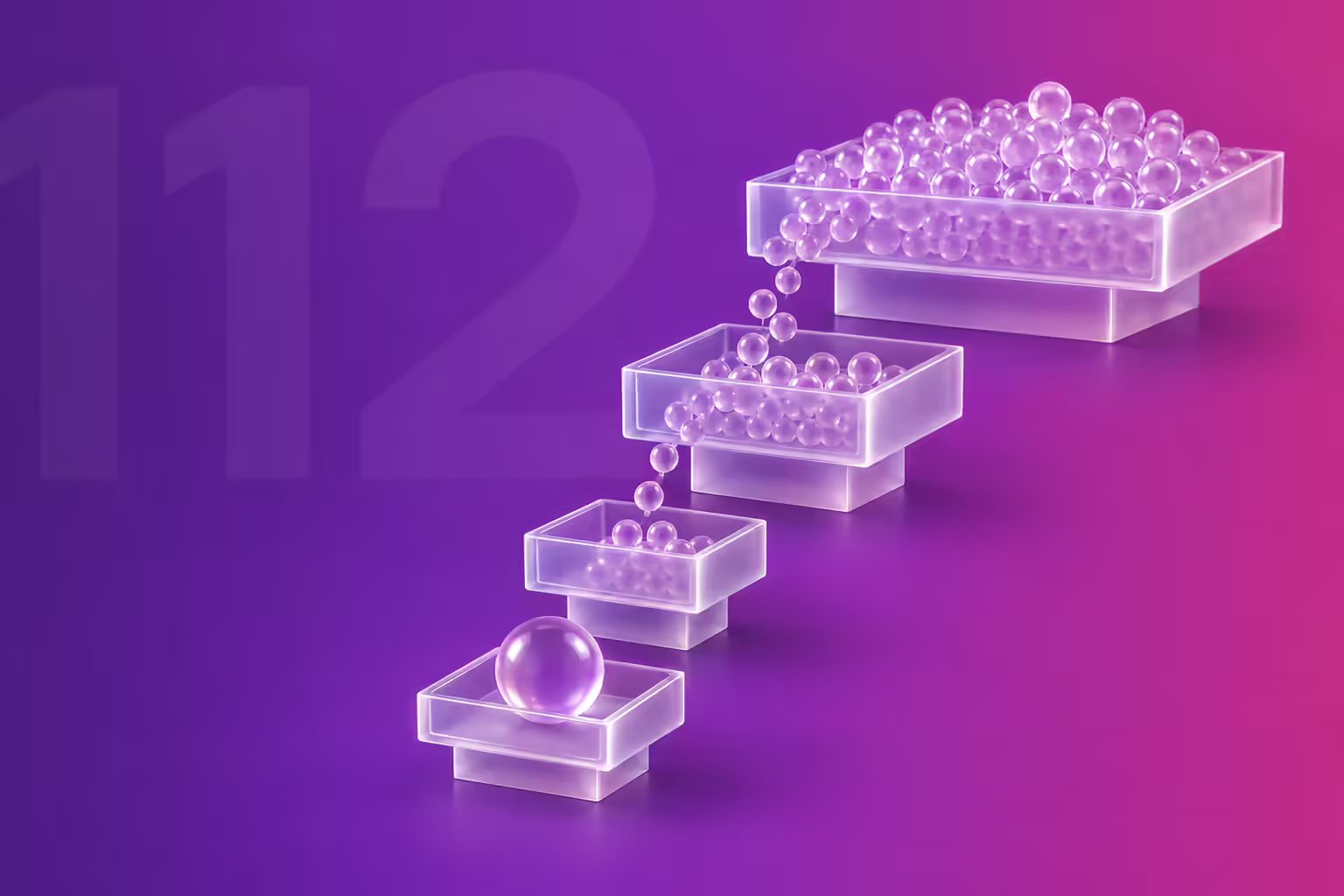 Frosted white glass illustration on a purple to magenta gradient: four square glass trays on blocky plinths stepping down from upper right to lower left, the widest heaped with dozens of small glass spheres that spill into each smaller tray until the lowest tray holds one single large sphere, with a faint ghosted numeral 112 cropped by the left edge.