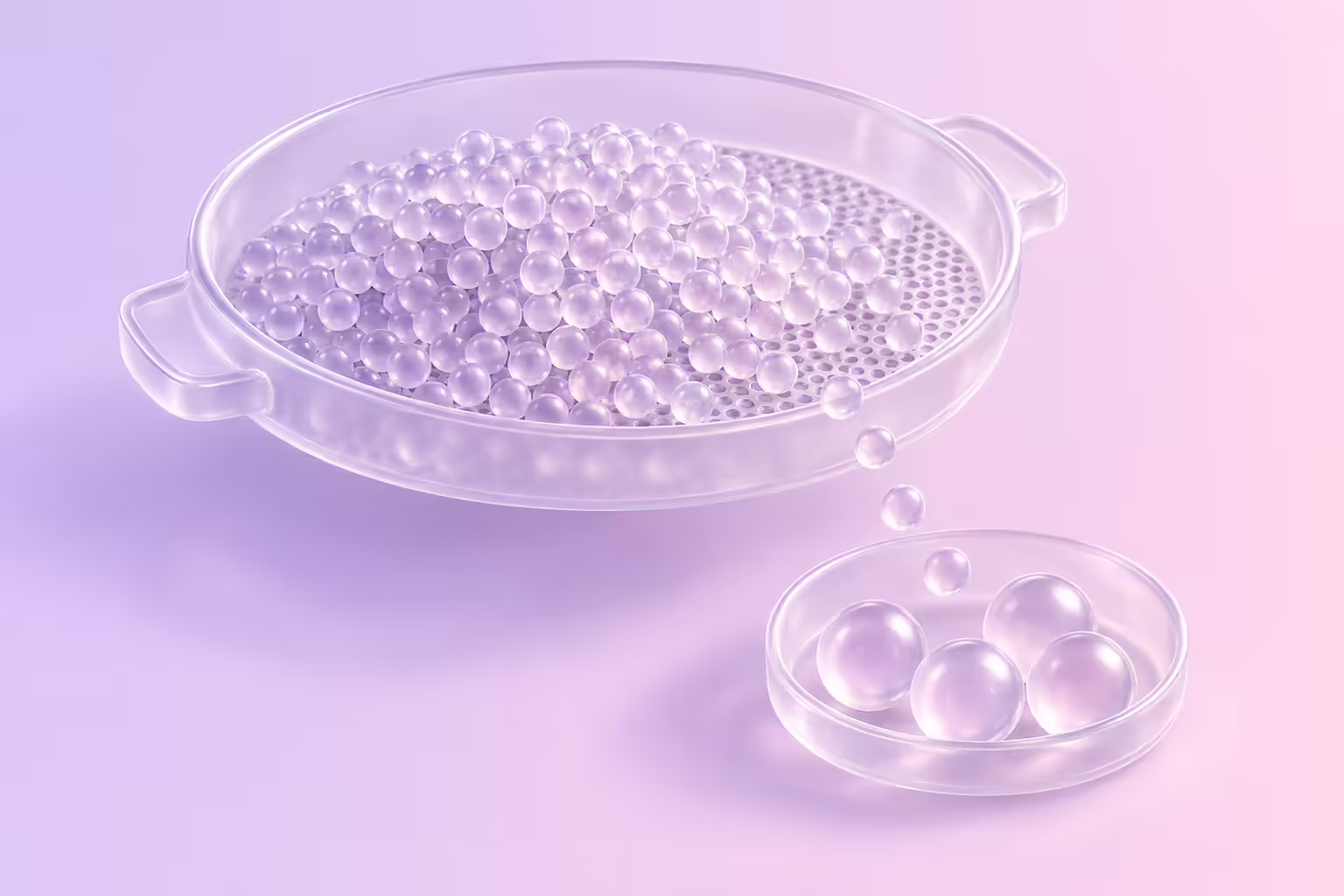 Frosted white glass illustration on a pale lilac to blush gradient: a wide shallow glass straining dish with a perforated mesh floor holding a dense heap of many small glass beads, with a few beads falling into a small round glass dish below that holds four much larger glass spheres.