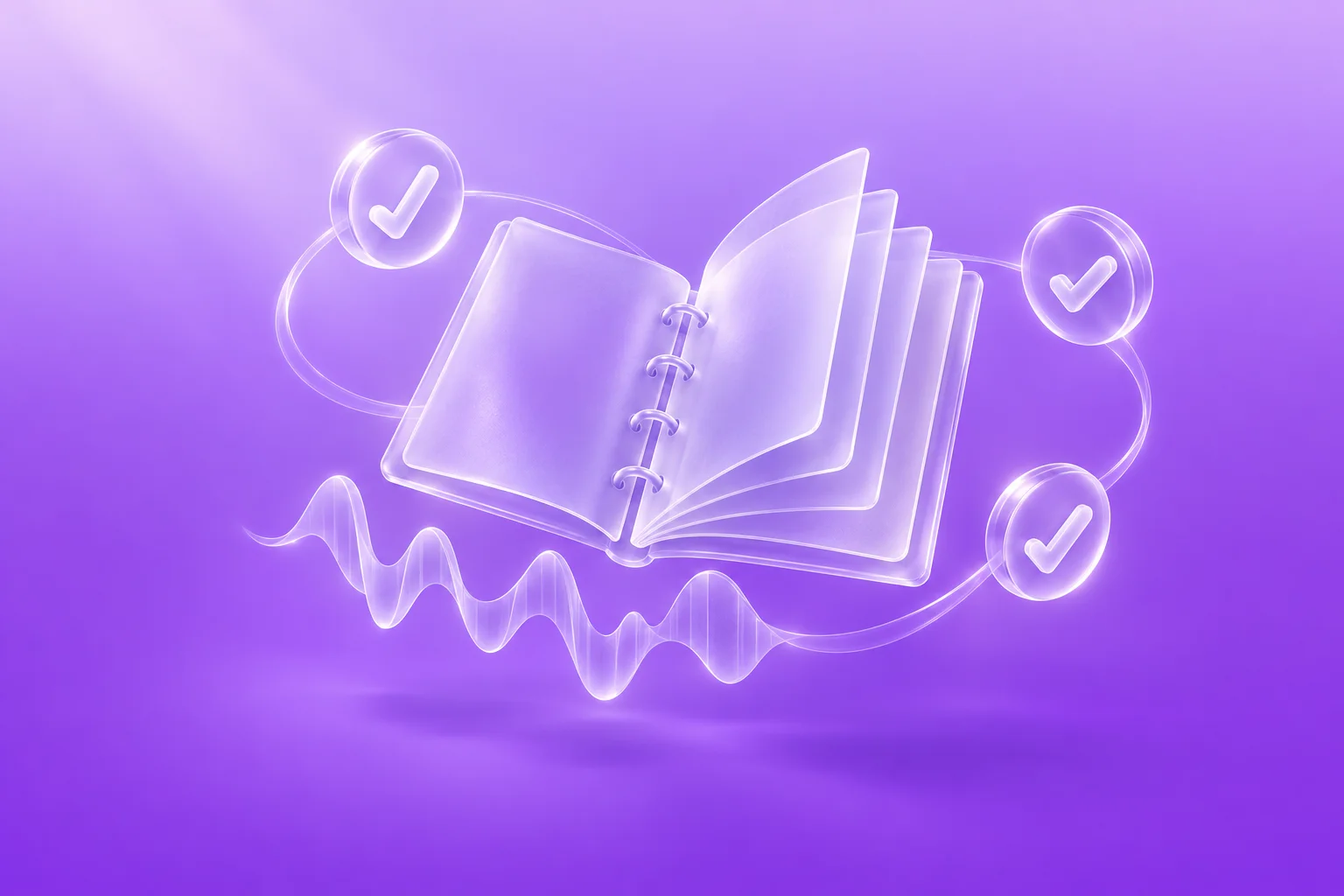 Frosted glass open playbook with translucent pages, orbited by three glass checkmark tokens on a ribbon, above a glass sound waveform, on a lavender to violet gradient