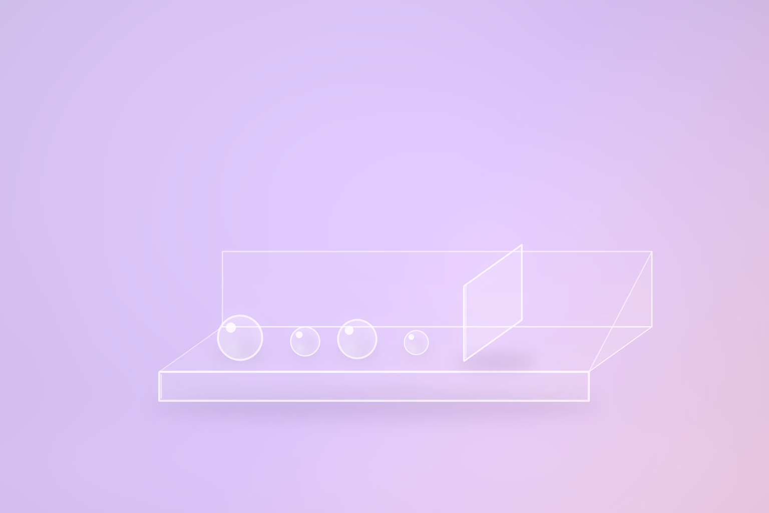 A long shallow translucent glass trough on a pale violet ground. Four glass spheres of unequal size are gathered at the left end behind a single upright glass pane standing across the trough, and the length of trough beyond the pane is empty.