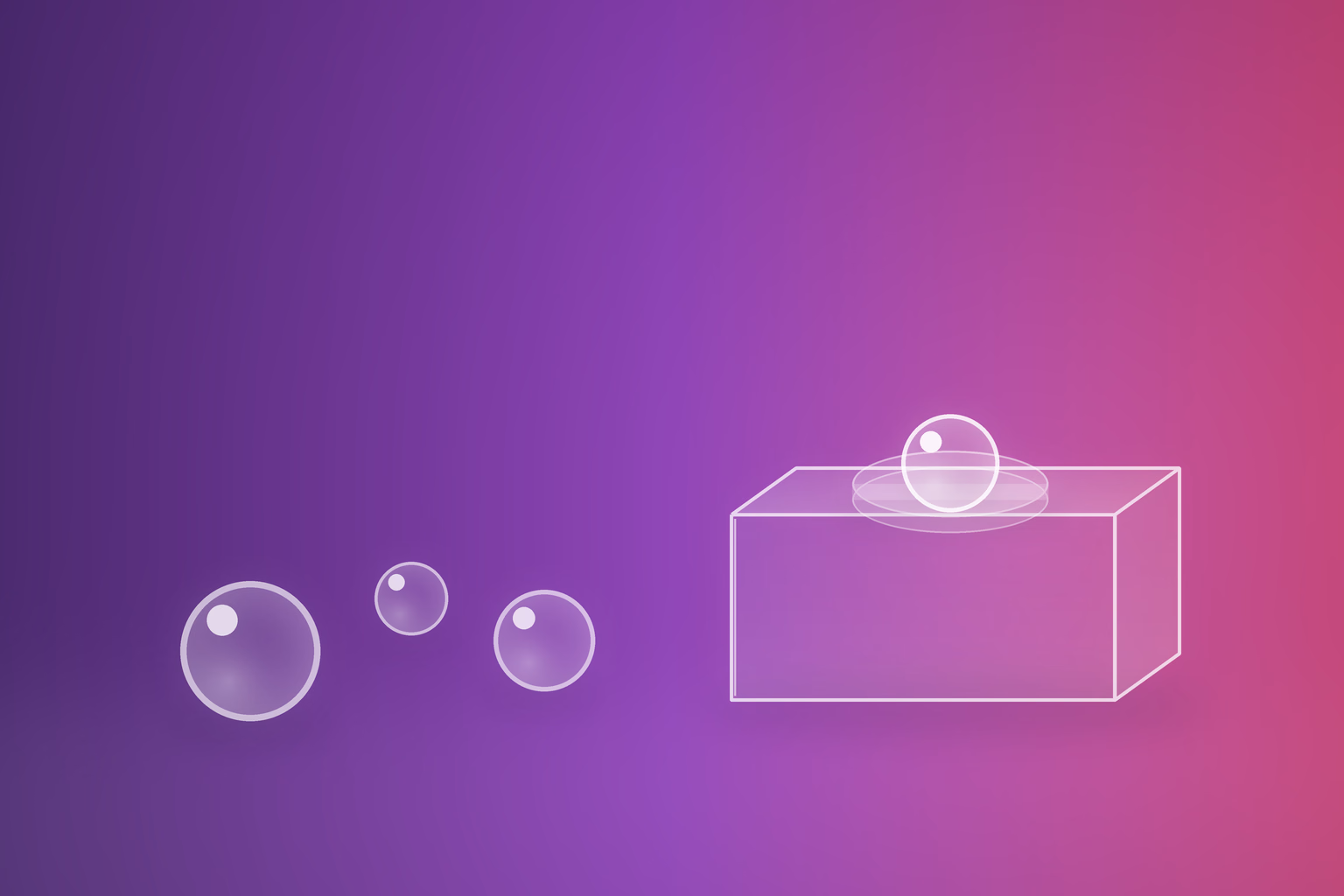 Frosted translucent glass shapes on a deep violet and magenta gradient ground: three glass spheres of different sizes resting on the floor at varying depths, beside a low glass plinth whose top carries a shallow glass dish holding one more sphere.