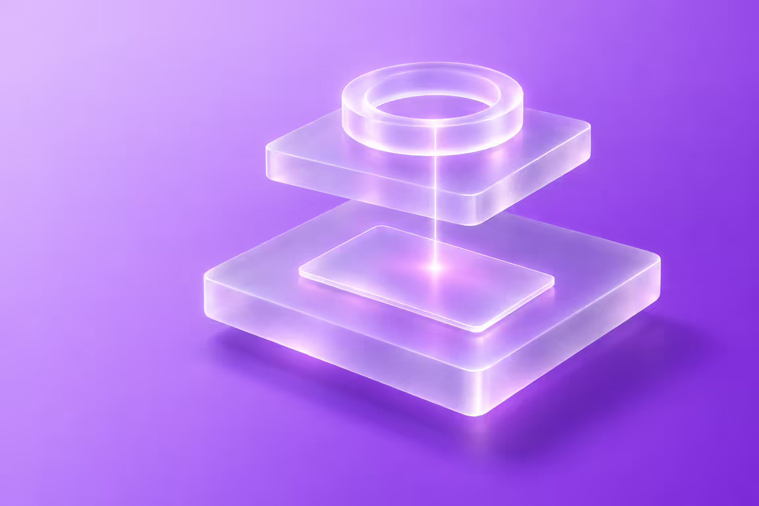 Two floating frosted-glass slabs on a lavender-to-purple gradient, a glowing glass ring on the upper slab linked by a thin beam of light to a glass card on the lower slab