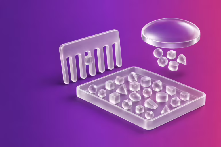 Frosted white glass objects on a purple to magenta gradient: a slotted glass comb holding a single cube, a floating glass lens gathering a cluster of differently shaped pieces, and a shallow tray of scattered glass forms.