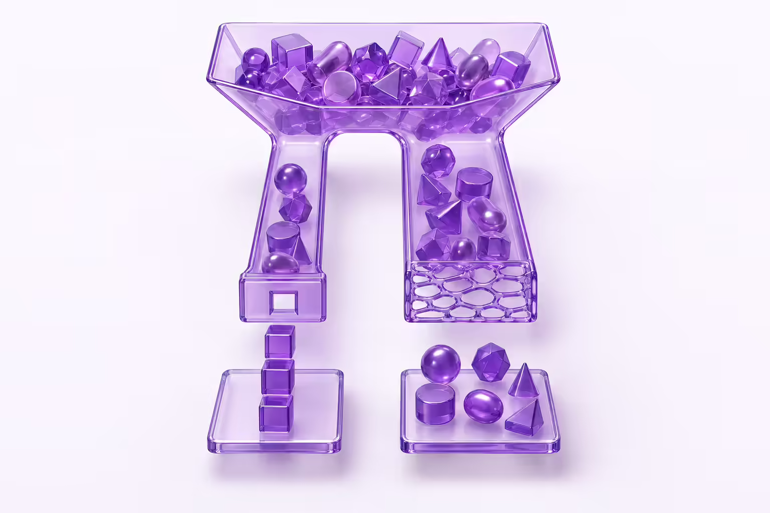Pale violet diagram of a purple glass sorting rig: one hopper of mixed shapes splits into two chutes, a narrow chute with a square keyhole gate that passes only cubes, and a wide mesh chute that passes a mixed group together.