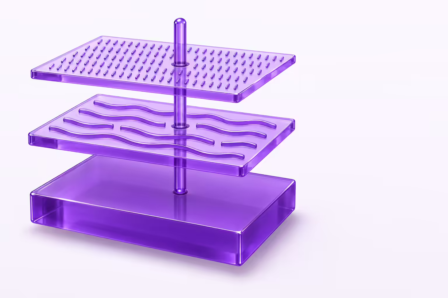 Pale violet diagram of three stacked purple glass plates, a thin plate of tiny tick marks above a plate of wavy ridges with gaps in them above a thick solid slab, with a slender glass rod passing down through all three to rest on the slab.