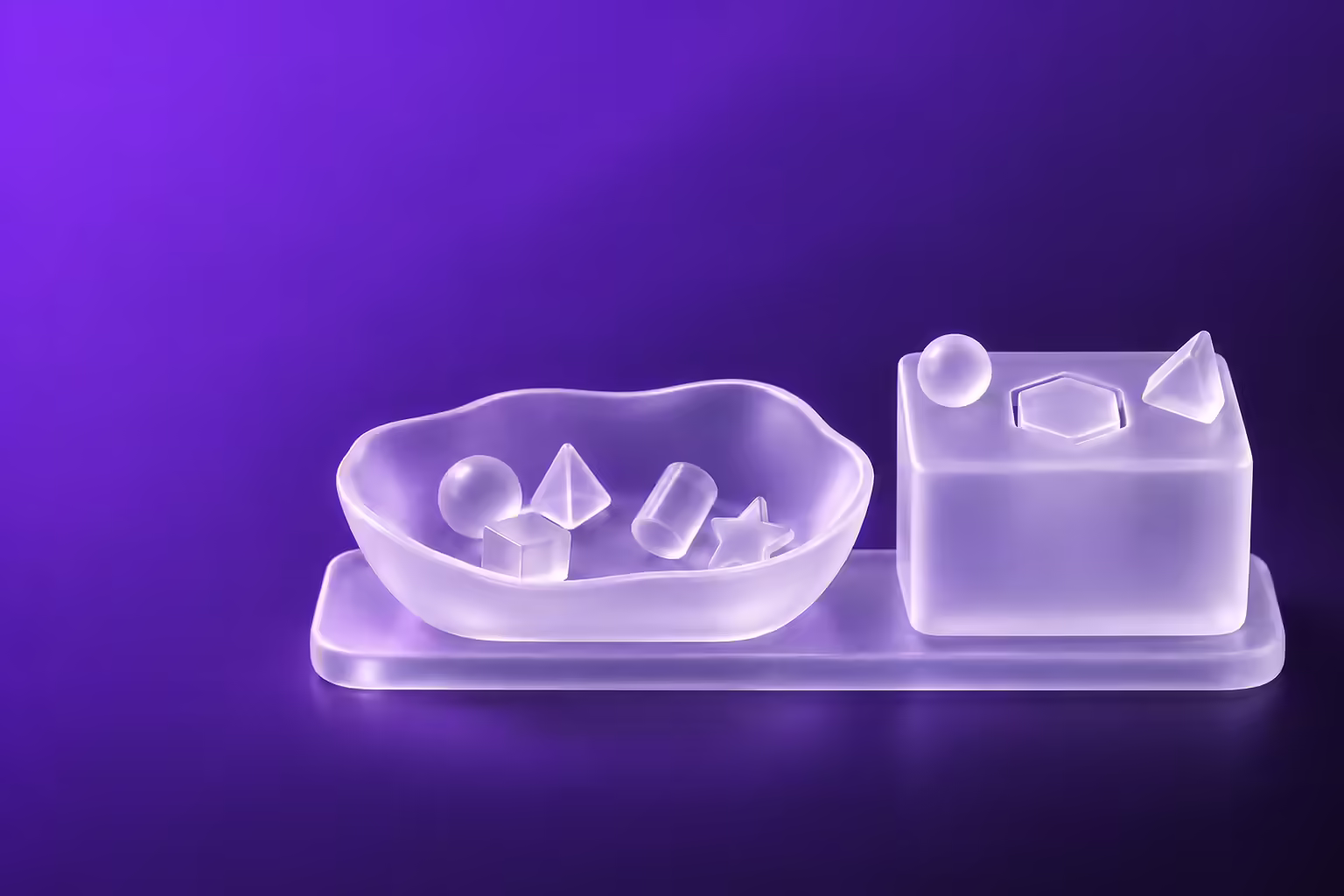 Frosted white glass illustration on a deep purple to near-black ground: an open-mouthed glass bowl holding five mismatched glass tokens lying loose, beside a machined glass block with one hexagonal socket holding a single hexagonal token flush while two mismatched tokens sit stopped on its surface.