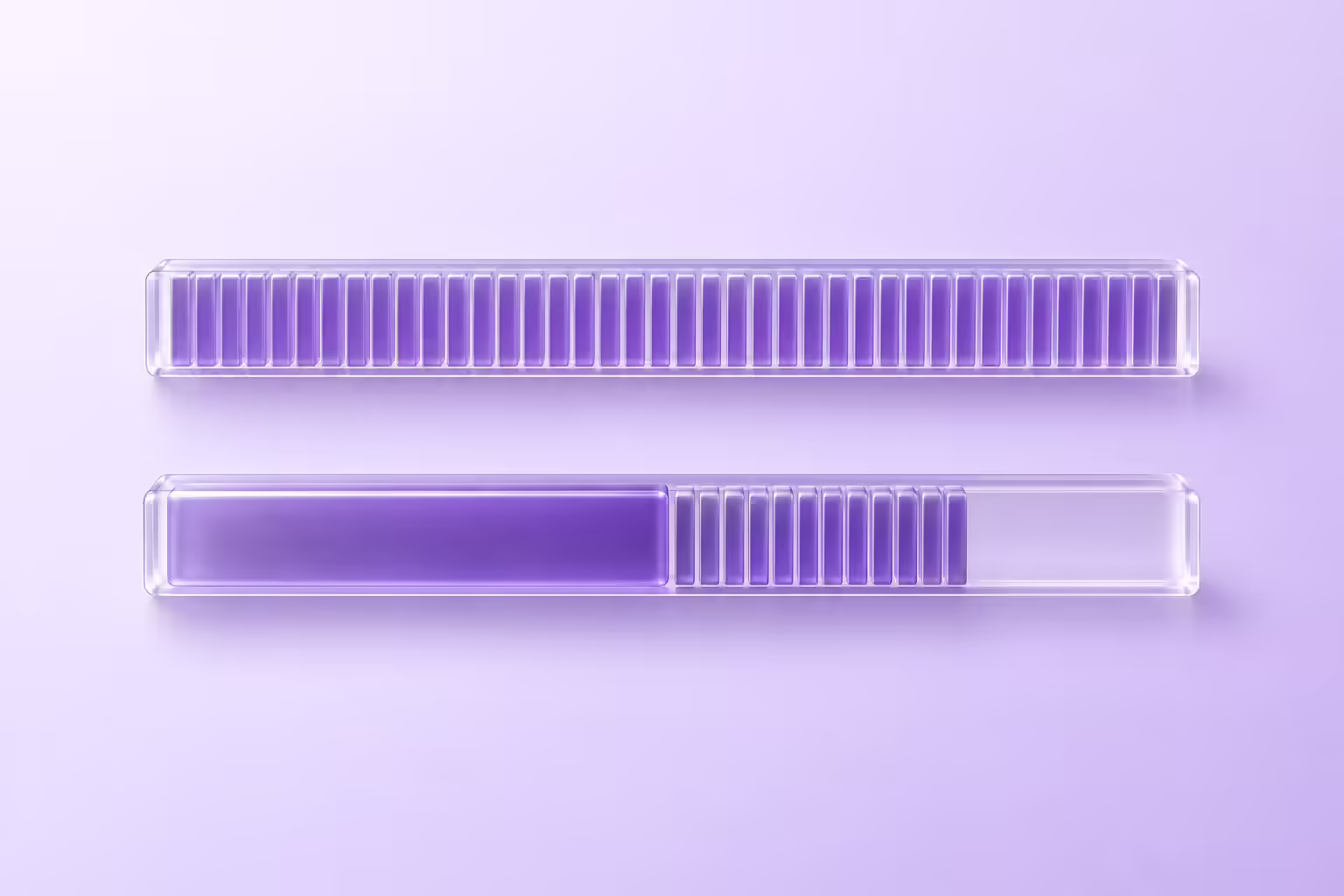 Diagram on a pale violet ground showing two glass rails of equal length, the upper one divided into about forty narrow segments and the lower one filled by a single large block plus a dozen segments, with the far end left empty.