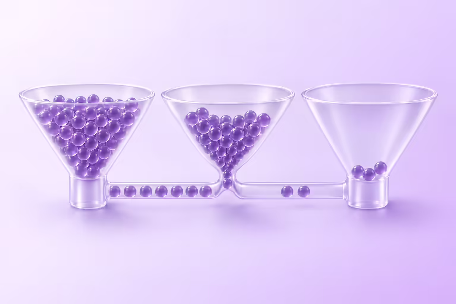 Diagram on a pale violet ground showing three glass funnels connected in series, the first full of small purple spheres, the middle pinched to a very narrow throat with spheres backed up above it, and the last nearly empty.