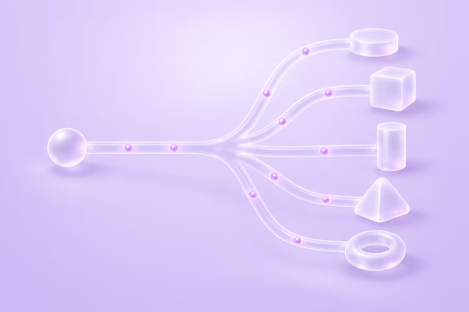 A single glass sphere on the left feeds one frosted glass tube that splits into five branches, each ending in a different blank glass solid, on a pale violet ground