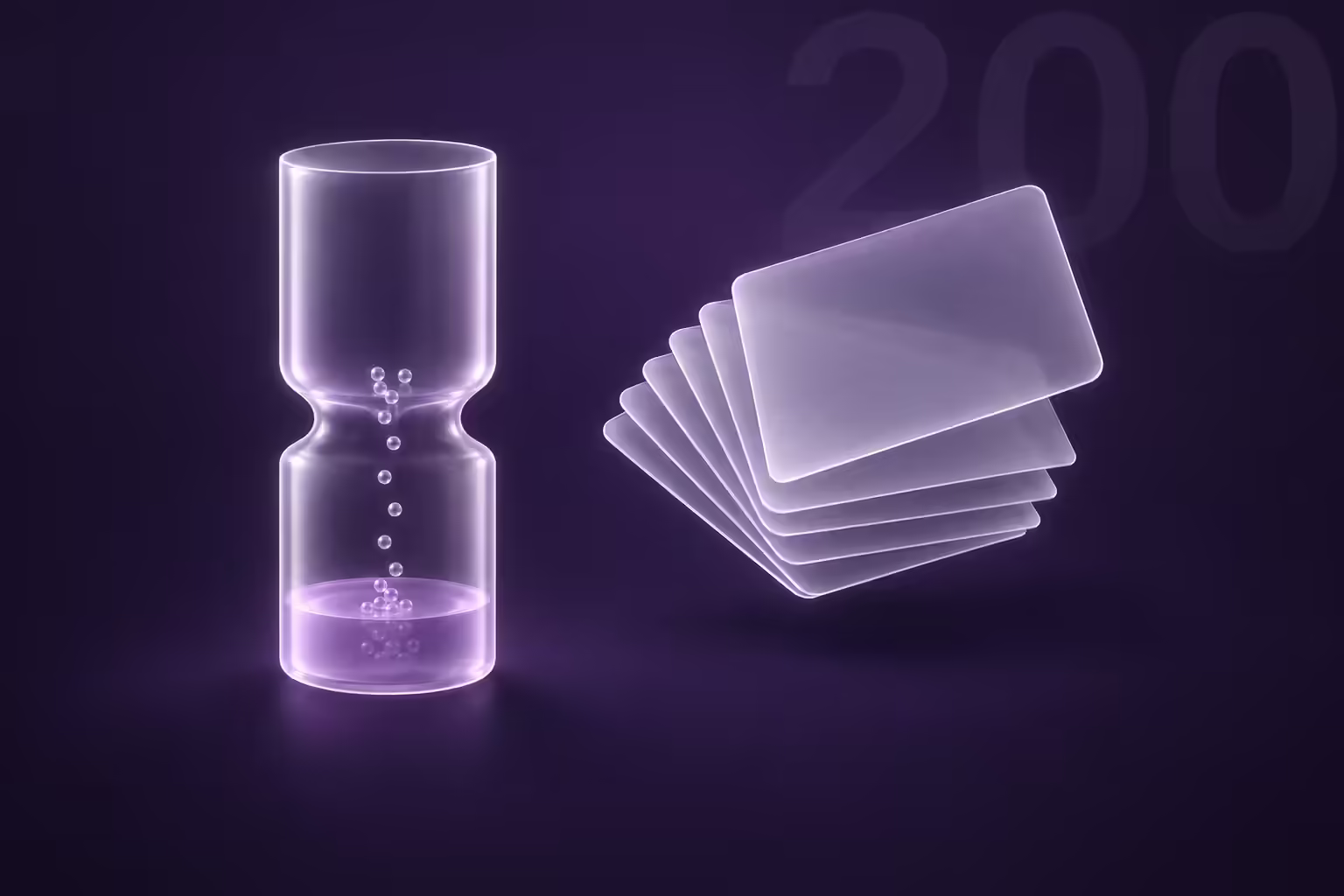 A frosted glass measuring column running low on glowing violet fluid stands beside a fanned stack of blank translucent glass cards on a deep ink purple ground, with a faint ghosted numeral behind them