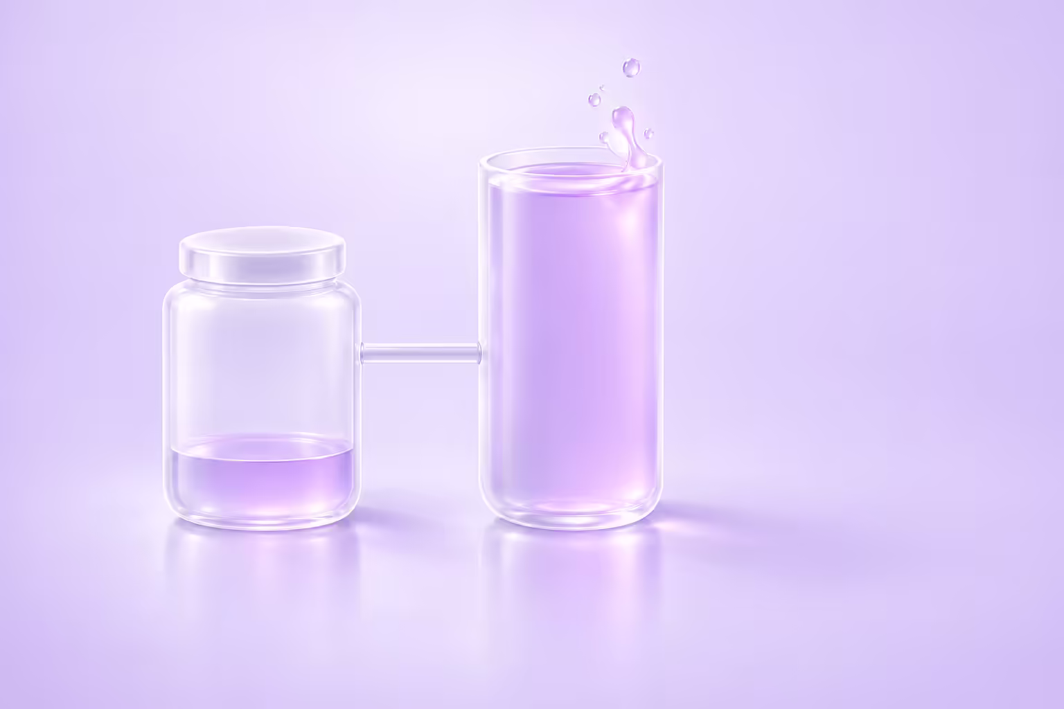 Two frosted glass vessels side by side on a pale violet ground, a short sealed canister holding only a shallow pool of violet fluid next to a tall open column filled to the brim and overflowing