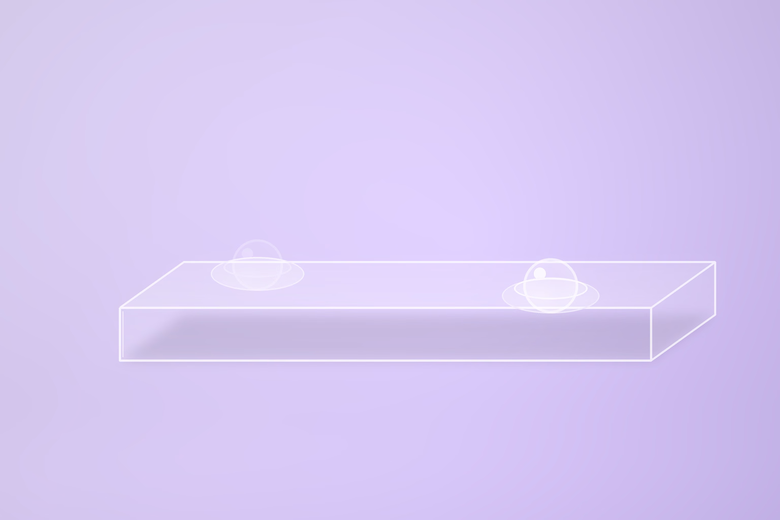 A long frosted glass bench on a pale violet ground with two shallow round seats sunk into its top face. A faint glass bead sits in the left seat and a brighter one in the right, each encircled by the same bright ring at its waist.
