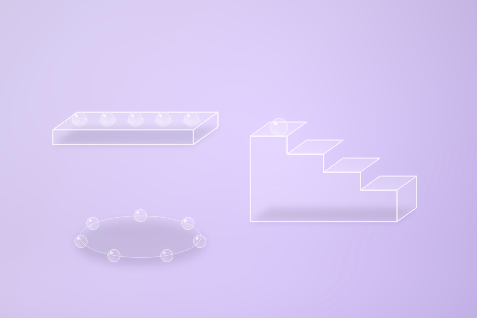 Three frosted glass forms on a pale violet ground: a long low slab carrying a row of five evenly spaced glass beads, a stepped glass staircase with one bead on its top tread, and a flat ring of seven beads lying on the floor.