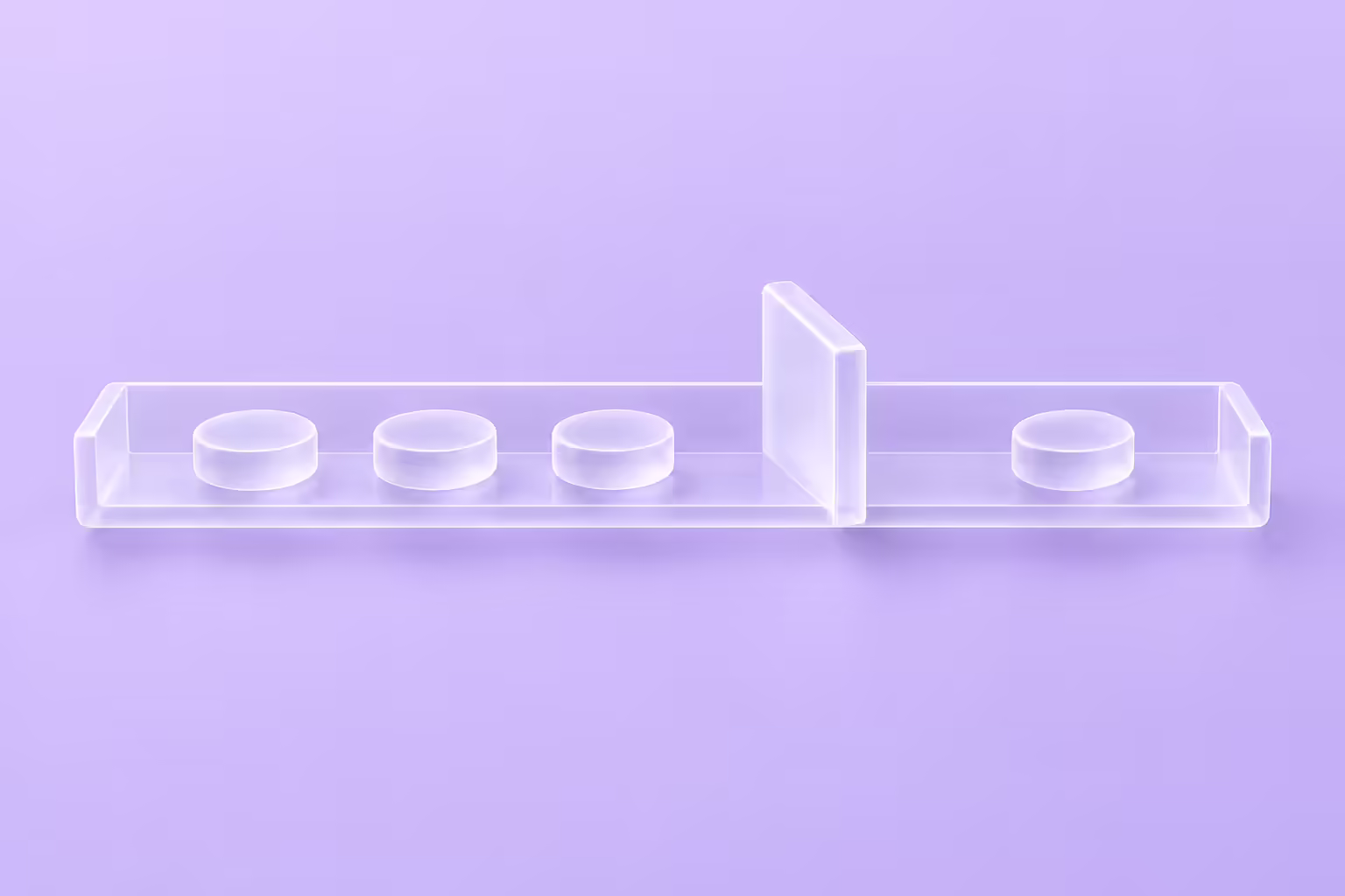 A long translucent glass channel running horizontally with an upright glass gate panel set across it, three small round glass tablets queued on the left side of the gate and one tablet alone on the right side beyond it, on a pale violet background
