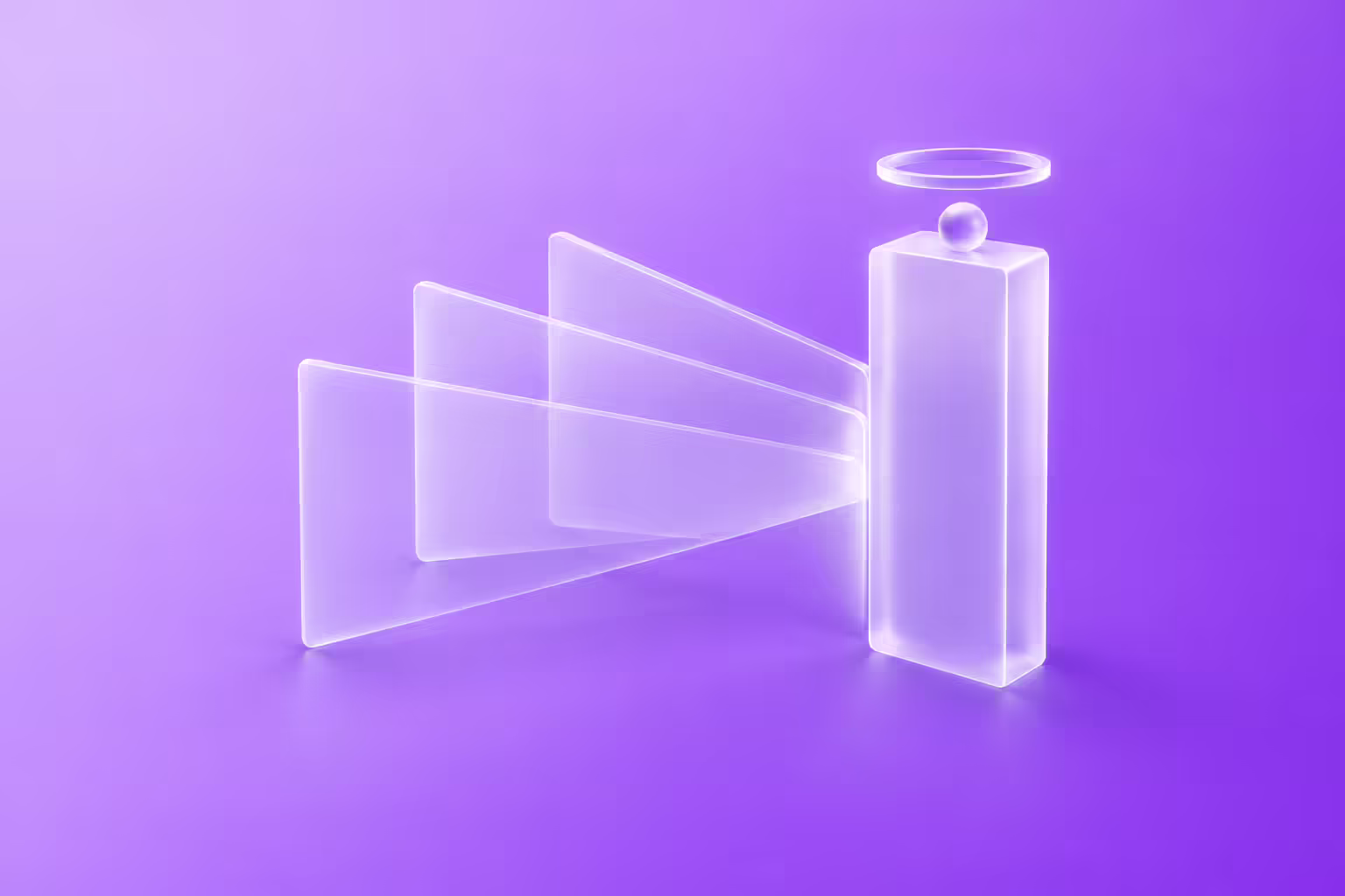 Three thin translucent frosted glass panels on the left converging into one taller solid glass slab on the right, with a small glass sphere resting on top of the slab and a slim glass ring floating above it, on a lavender to purple gradient background