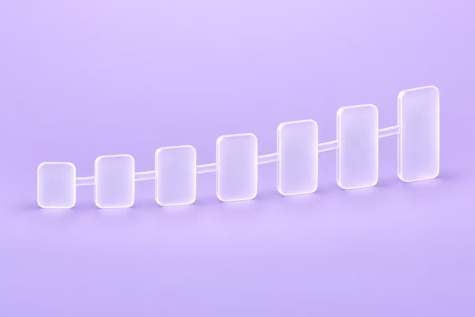 Seven upright frosted glass markers of increasing height arranged along a rising arc from left to right, each linked to the next by a slim horizontal glass connector bar, on a pale violet background