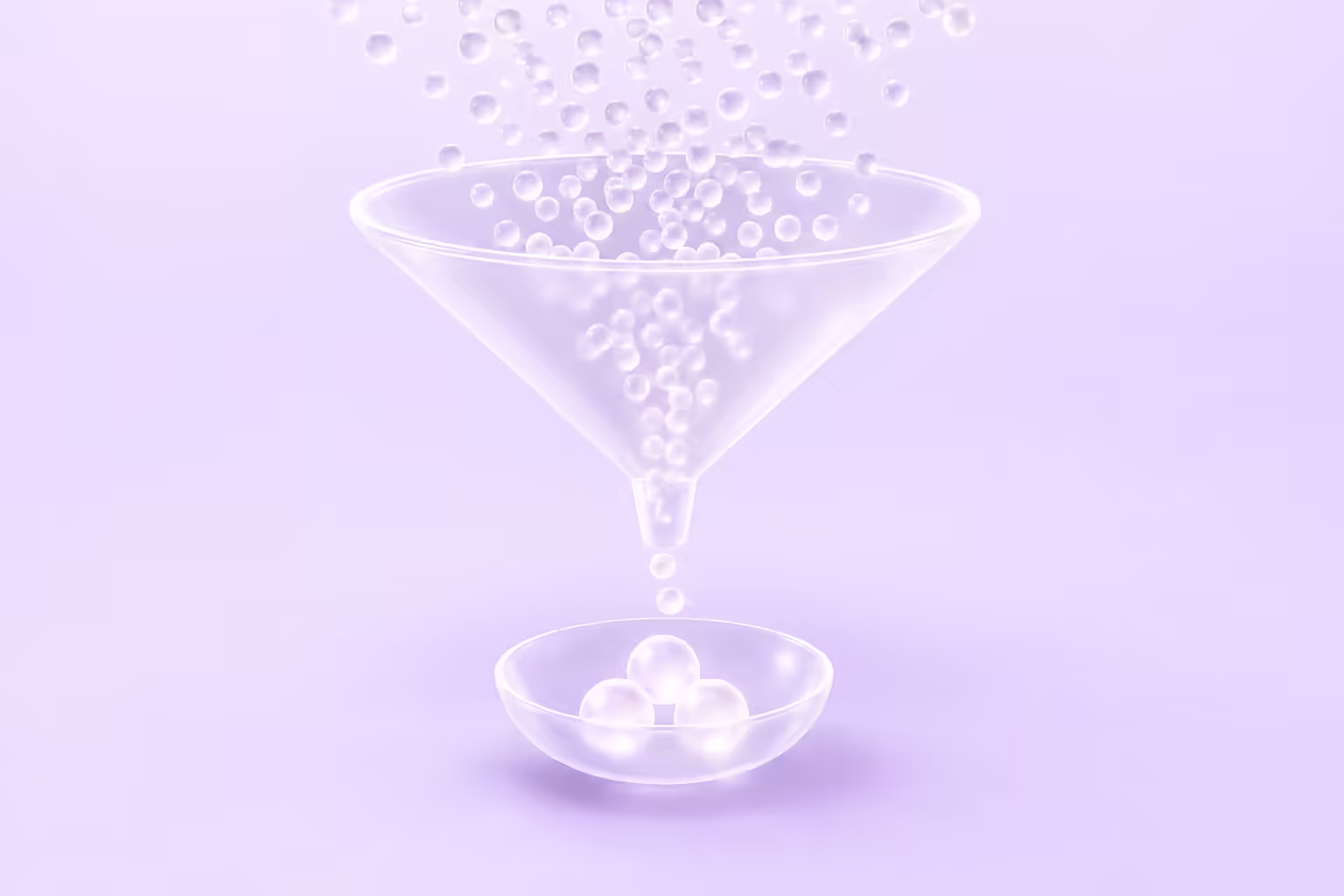 A wide frosted glass funnel catching dozens of small falling glass beads and releasing only three larger glowing spheres into a shallow bowl below.