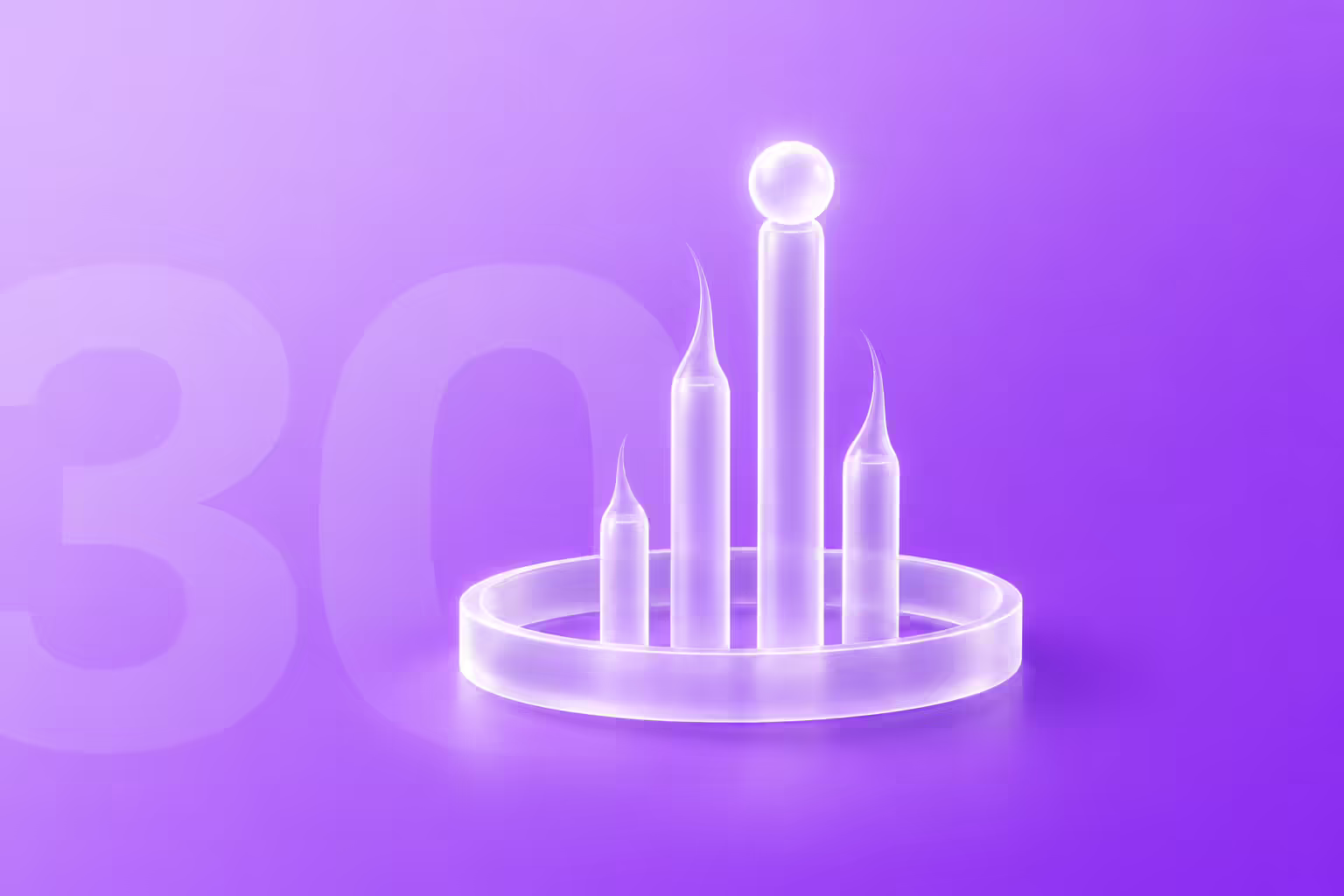 Four frosted glass tubes of unequal height standing inside a shallow glass ring on a purple gradient, the tallest capped by a glowing white sphere while the other three taper into thin wisps.