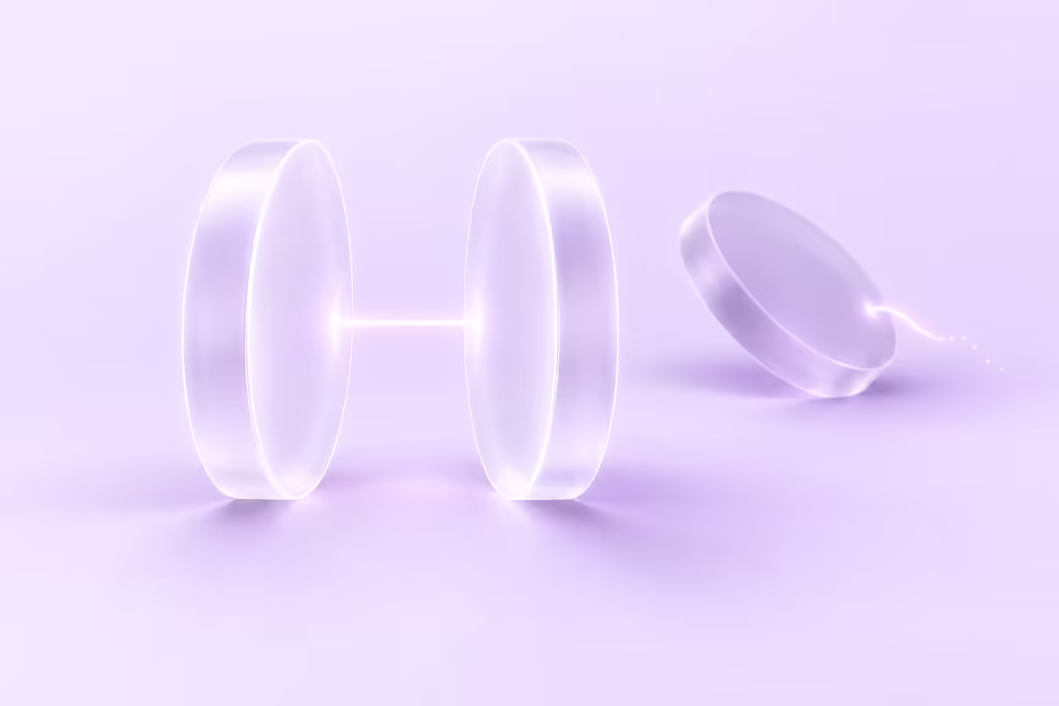 Two frosted glass discs facing each other across a narrow gap, joined by a single taut thread of white light, with a third tilted disc nearby whose thread trails off unconnected.