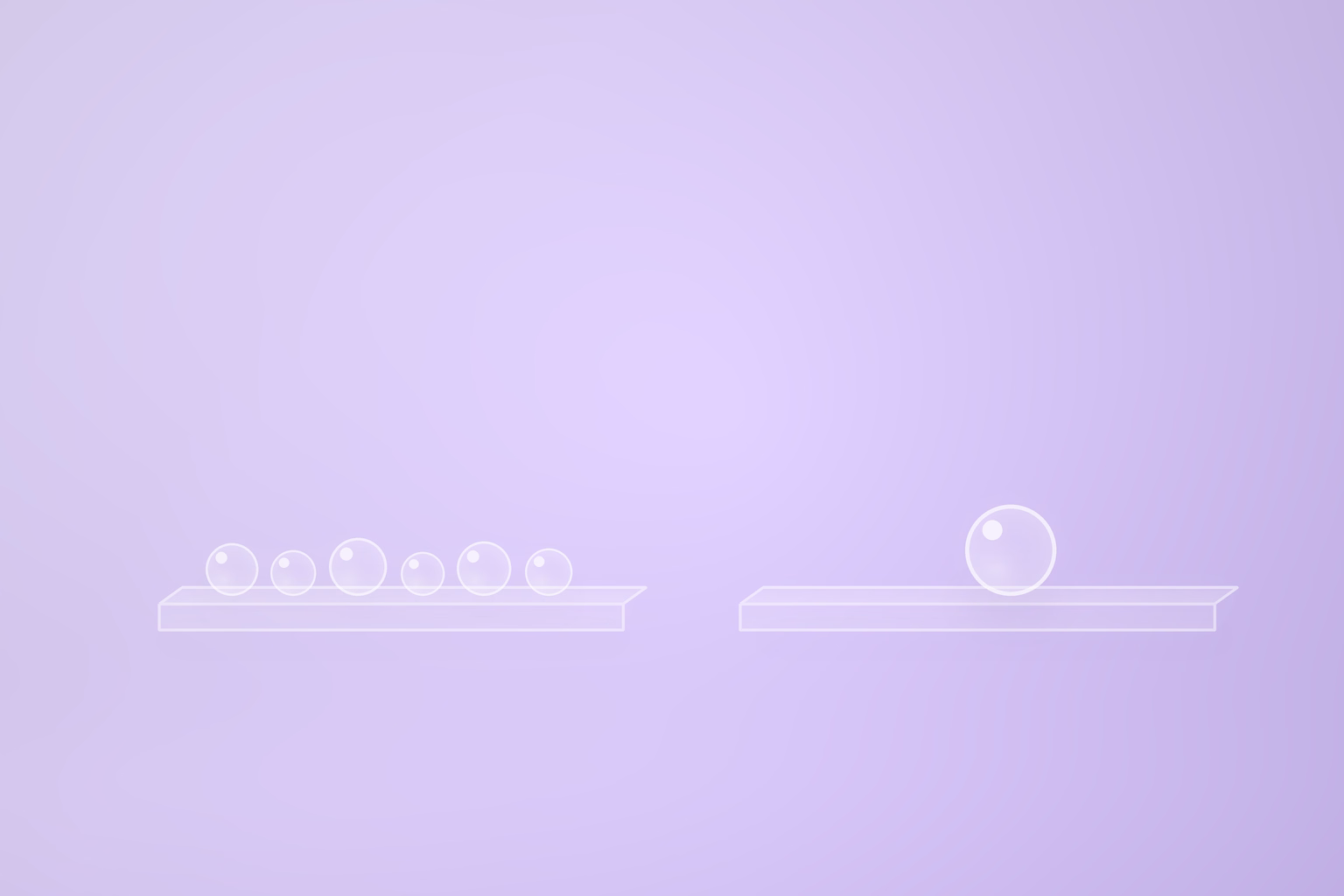 One long frosted glass rail on a pale violet floor is broken into two segments with a clear empty gap between them. Six small milky glass spheres crowd along the left segment and a single larger glass sphere sits alone on the right segment, with nothing spanning the gap.