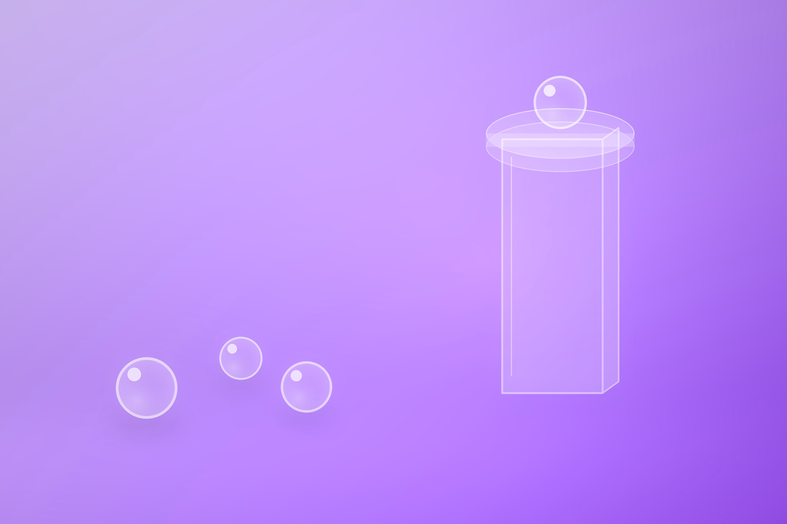 A tall frosted glass column capped with a wide translucent disc stands on the right of a lavender to purple gradient, a single milky white glass sphere resting on top of the cap, while three smaller glass spheres of different sizes sit scattered on the open floor far to the left at the column's base.