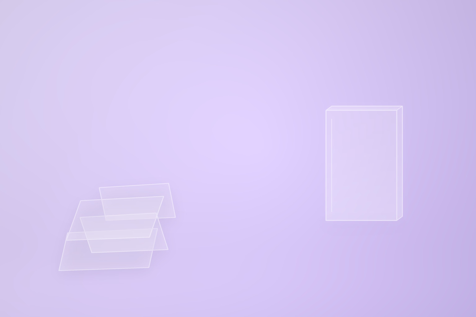 A single upright frosted glass pane stands alone on the right of a pale violet floor while four other glass panes lie flat and overlapping in a loose heap far away on the left, each skewed at a different angle so no two edges line up.