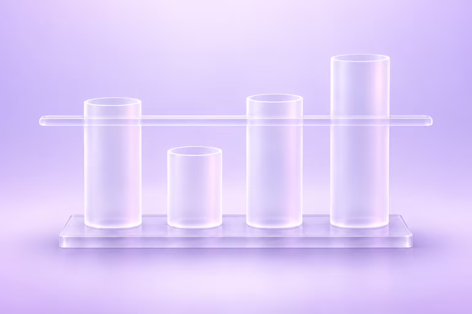 Four frosted glass cylinders of different heights stand on one shared glass base, with a single horizontal glass bar crossing them at a fixed height.