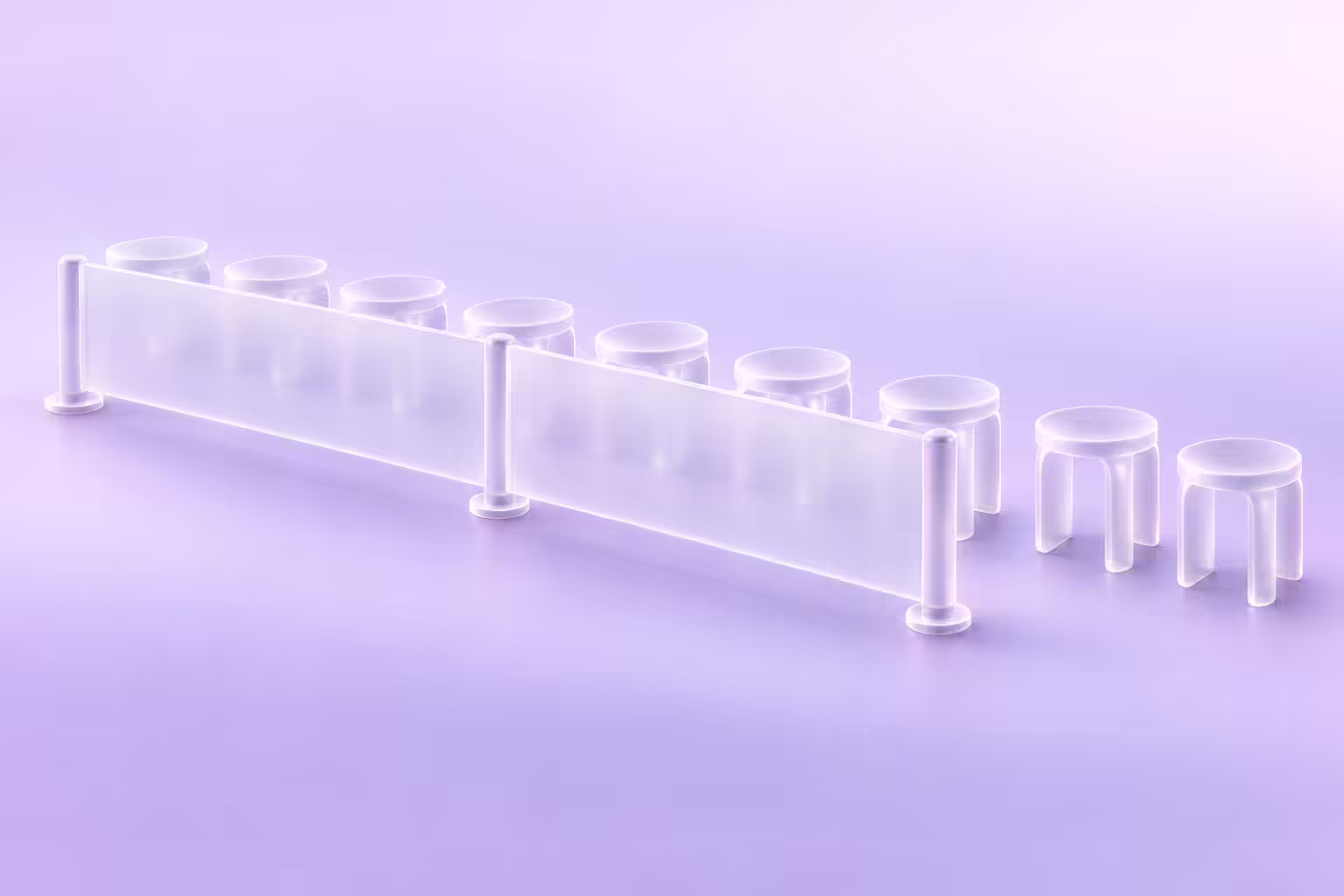 A row of frosted glass stools on a pale violet background, with a translucent glass barrier rail blocking access to all but the last two seats.