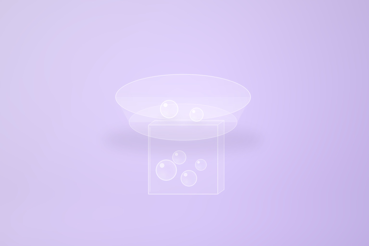 A wide shallow frosted glass basin on a pale violet ground, carried on a tall hollow glass plinth. Two milky white glass spheres rest in the open basin, and four more of different sizes stand inside the plinth, visible through its transparent front face. One soft diffuse shadow under the object. No text.