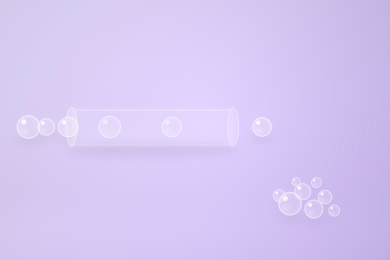 A long open-ended frosted glass conduit lying on a pale violet ground, with two milky white glass spheres visible inside it and three more queued at its near mouth, the first overlapping the rim. A single sphere sits just clear of the far mouth. Well away to the lower right, eight glass spheres of different sizes are piled in a loose unordered heap with no conduit. No text.