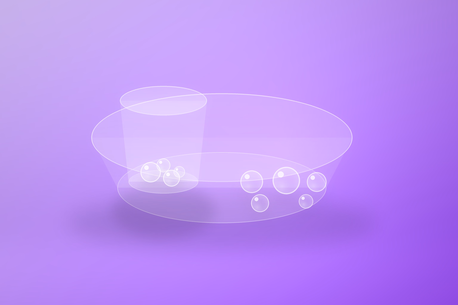 A wide shallow frosted glass dish on a lavender to purple gradient ground, with a much deeper and much narrower translucent glass vessel standing inside it on the left. Four small milky white glass spheres rest in the narrow vessel and five more of varying sizes are scattered across the open floor of the shallow dish to the right, staggered at two depths. Each object casts one soft diffuse shadow. No text.