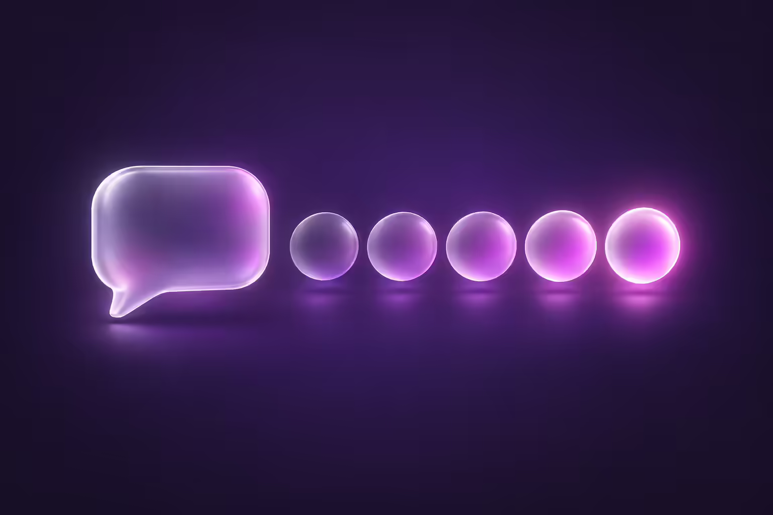 A frosted-glass speech bubble on a dark purple background followed by a row of five glass spheres that glow brighter from left to right