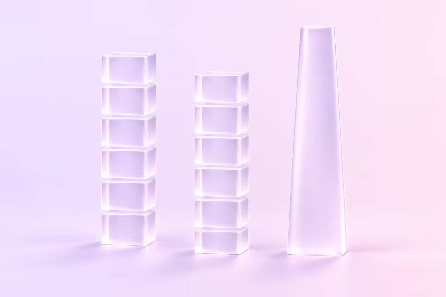 Three frosted glass columns on a pale lilac background, two built from separate stacked blocks and one a single smooth unbroken column