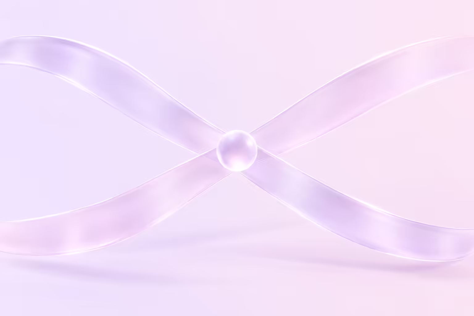 Two frosted glass ribbons on a pale lilac background crossing once at the centre, with a small glass sphere marking the crossing point