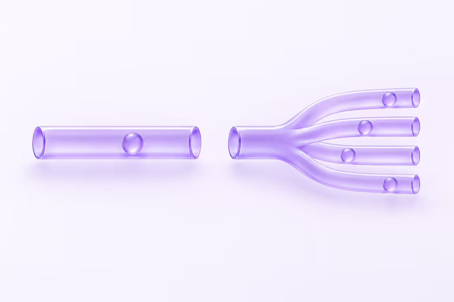 One thick frosted-glass tube carrying a single glass sphere sits beside a second tube that splits into four thinner channels, each carrying its own sphere, on a pale violet ground.