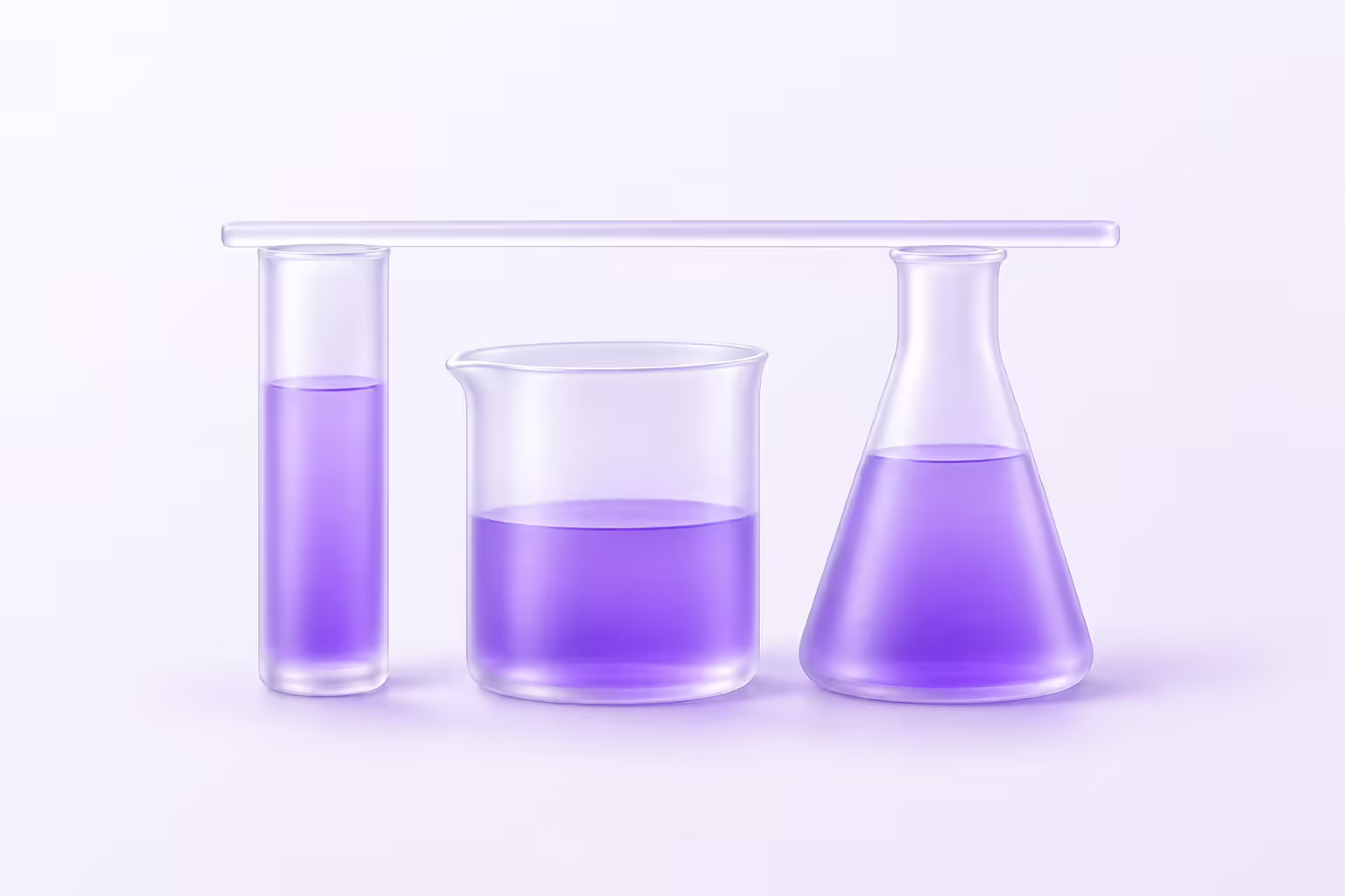 Three frosted-glass vessels of different shapes stand filled to three different levels on a pale violet ground, with one plain glass straightedge laid flat across their tops.