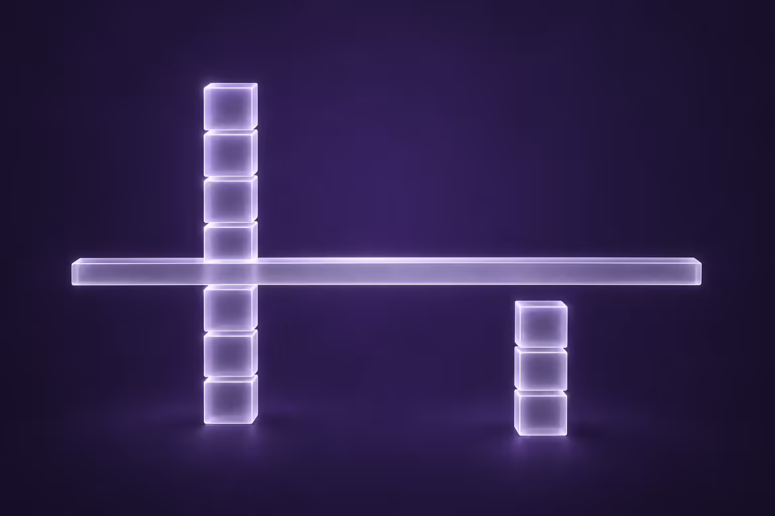 A long frosted-glass bar floats level across a dark violet gradient, with a tall stack of glass cubes rising past it on the left and a short stack of three cubes ending in empty space below it on the right.