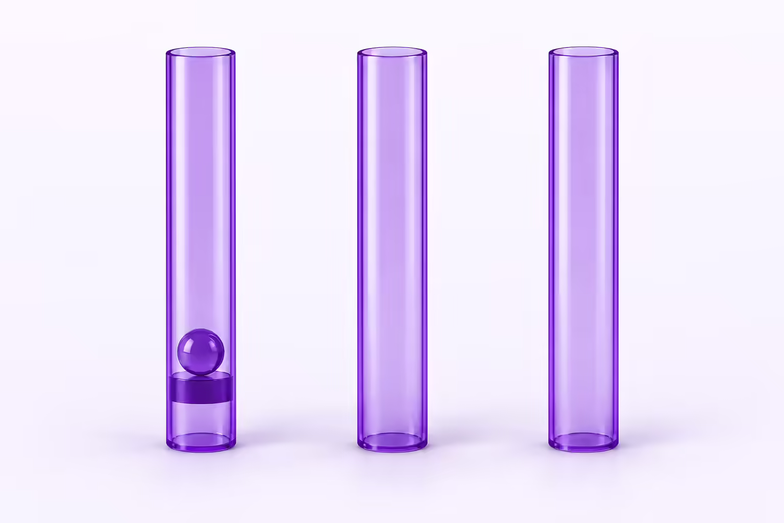 Three identical deep purple glass tubes standing in a row on a pale violet background; the left tube is closed off by a flat gate plate with a small glass sphere resting on it, while the middle and right tubes are open and empty.