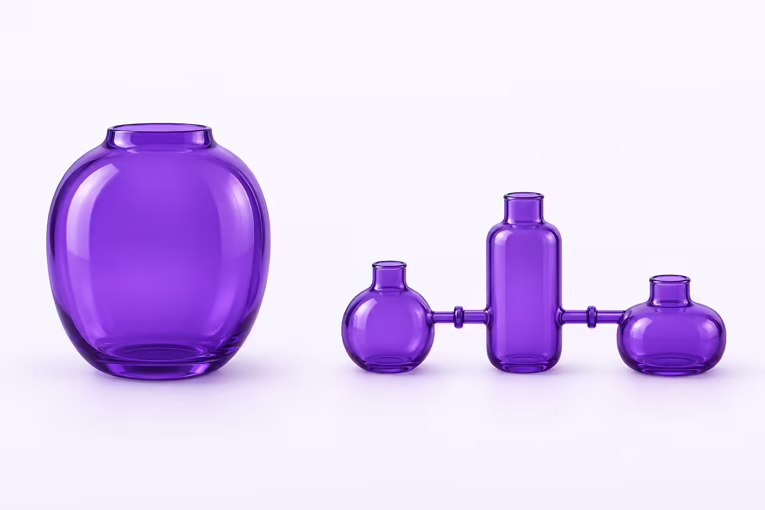 A single large rounded deep purple glass vessel standing alone on the left, and on the right three smaller glass vessels of different heights joined in a line by two thin glass tubes with visible coupling collars.