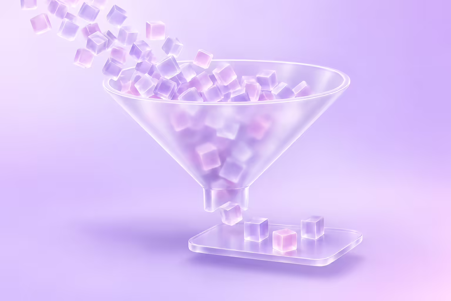 A translucent frosted glass funnel on a pale violet background, with a dense stream of many small milky glass cubes pouring into its wide top and only four cubes emerging from the narrow bottom onto a thin glass shelf.