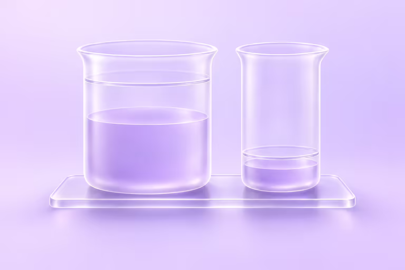 Two translucent frosted glass beakers on a pale violet background, the wide left one holding a deep pool of violet liquid with a glass marker ring far above the surface, the narrow right one holding only a shallow puddle with its marker ring just above it.