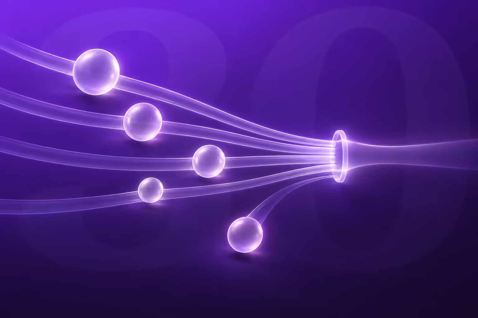 Frosted translucent white glass spheres travelling along converging glass channels into a single narrow glass aperture, with one sphere deflected away below, on a deep purple to near-black gradient with a large faintly ghosted numeral behind them.