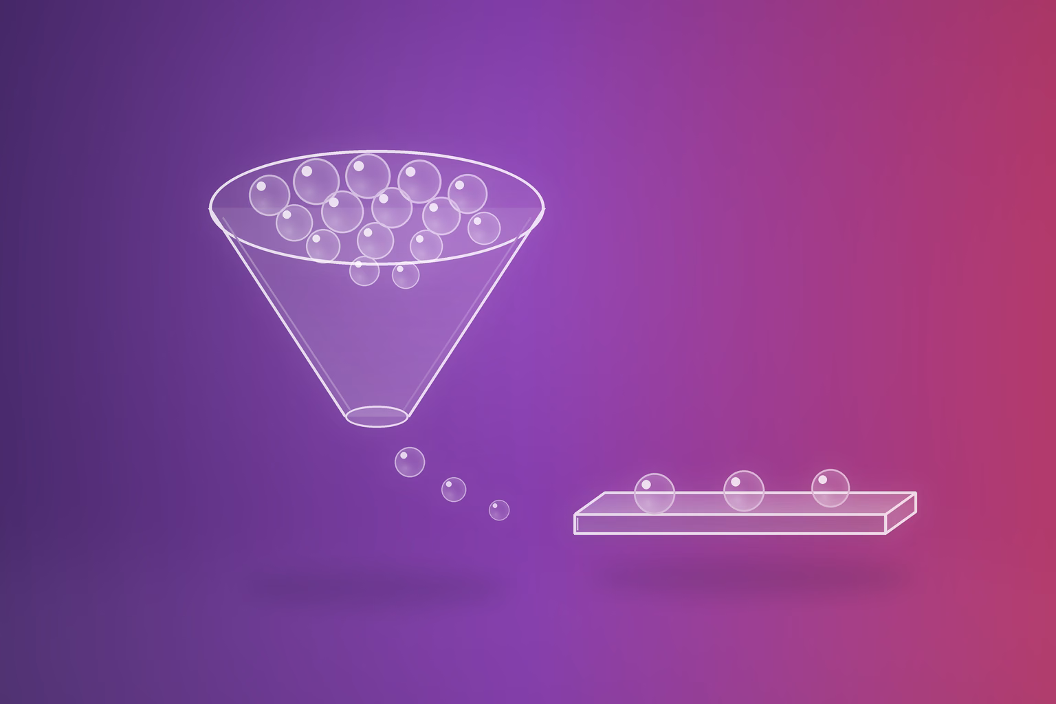 A wide frosted glass funnel packed with small glass beads tapering to an open throat, three beads falling from it along a diagonal, and three beads resting on a flat glass tray at lower right, on a purple to magenta gradient background