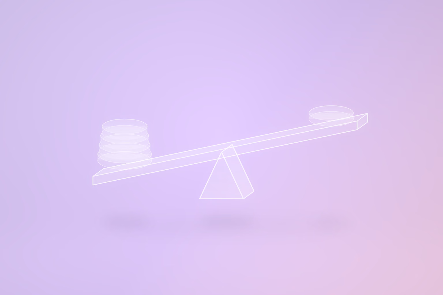 A translucent glass beam resting on a glass wedge, pressed down on the left by a stack of four glass discs and tilted up on the right where one disc sits alone, on a pale violet background