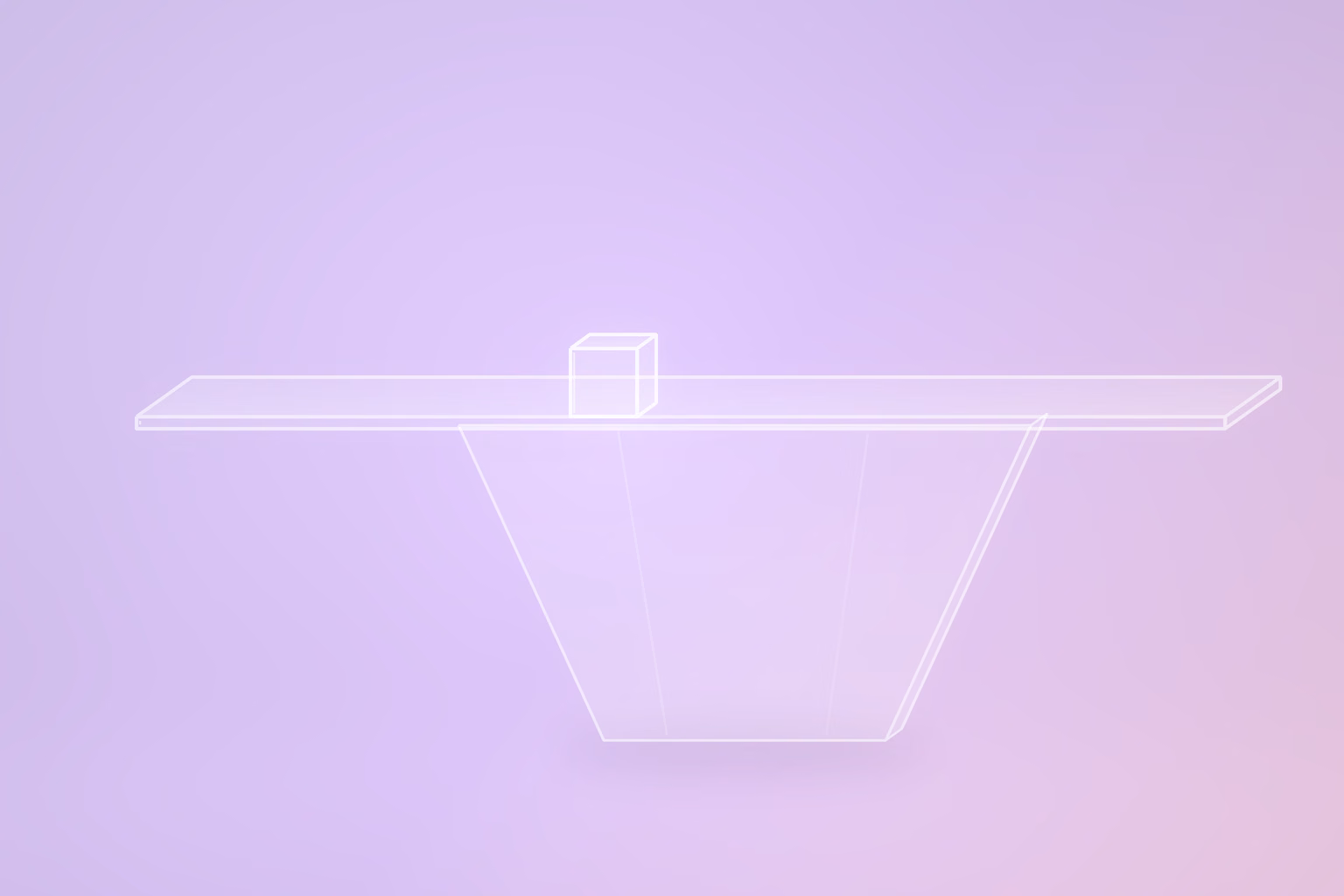A long flat glass plane seen edge on, with one small glass cube resting above it and a much larger tapering glass mass hanging below it, on a pale violet background