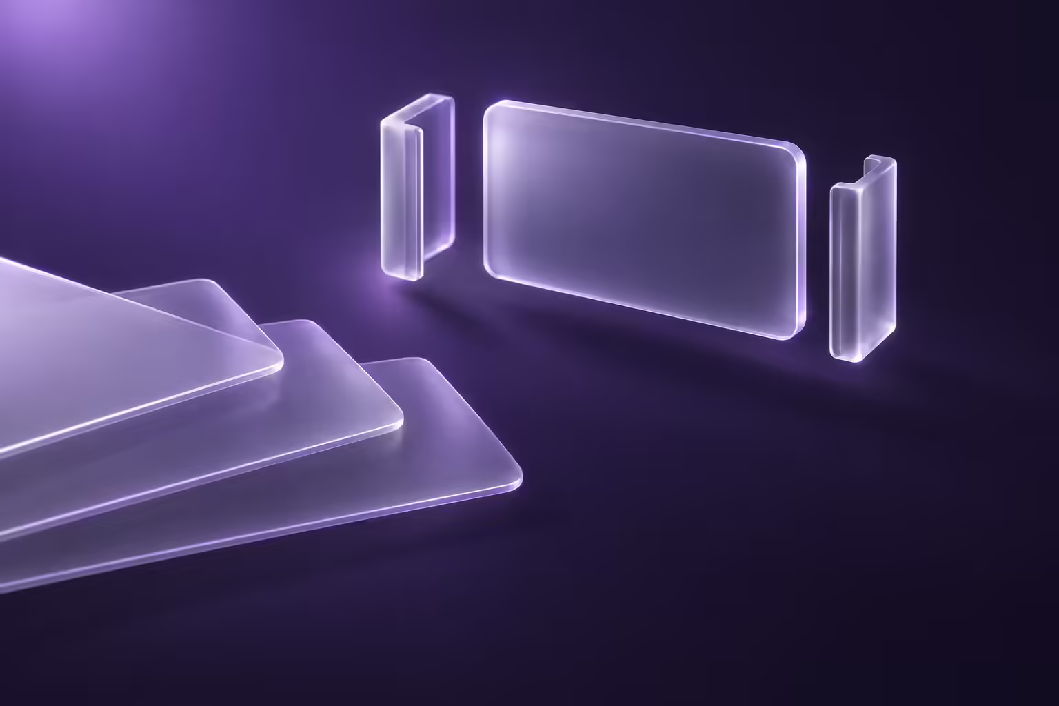 Frosted translucent glass panel suspended between two open glass docking rails on a deep violet gradient, with a cascade of three blank glass sheets at the lower left